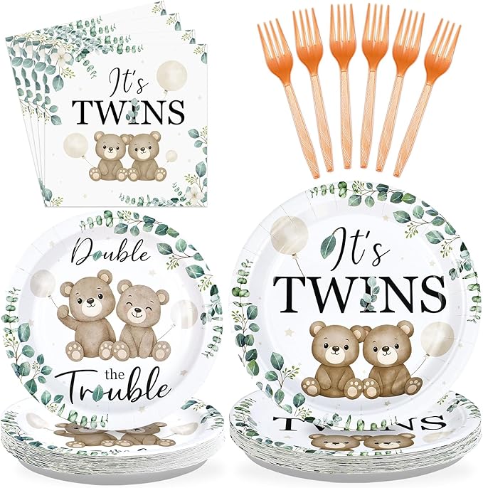 96 Pcs Twin Baby Shower Party Decorations Twin Bear Paper Plates and Napkins It's Twins Sage Green Disposable Tableware Set for Twins Baby Shower Boys Girls Birthday Party Supplies, Serves 24