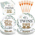 96 Pcs Twin Baby Shower Party Decorations Twin Bear Paper Plates and Napkins It's Twins Sage Green Disposable Tableware Set for Twins Baby Shower Boys Girls Birthday Party Supplies, Serves 24