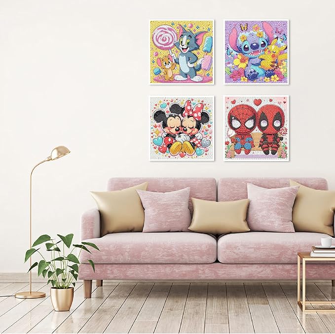 Fuinkqe 4 Packs Cartoon Diamond Art Kits for Kids,5D DIY Diamond Art Painting Kits for Kids Ages 4-8-12,Mosaic Kits Full Round Drills for Gifts and Home Wall Decor 6X6 Inch