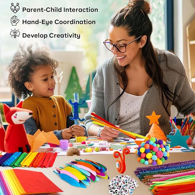 FUNZBO Arts and Crafts Supplies for Kids -Toddler Crafts Kits with Glue Stick Pipe Cleaners Construction Paper Pom Poms Googly Eyes, Crafts for Kids Ages 4-8, Birathday Gifts for Girls