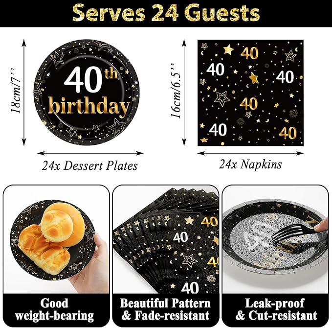 40th Birthday Party Supplies Serves 24 Black and Gold 40 Years Old Birthday Party Decorations Paper Plates Napkins Cheers to 40 Years Tablecloth Set Vintage 1986 Tableware Kit Favors for Men or Women