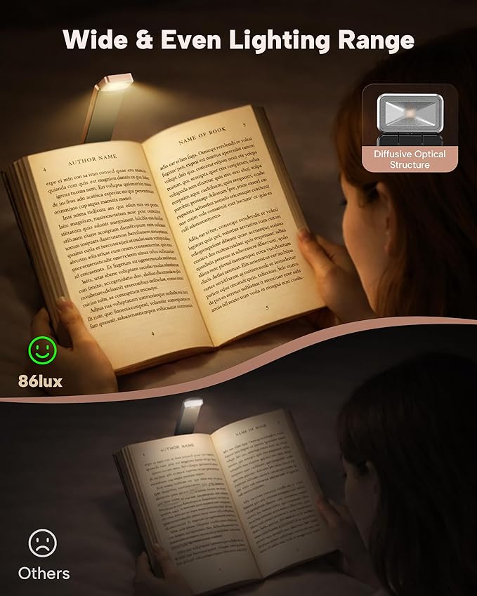 86lux Book Light, Rechargeable Clip-On LED Reading Light for Bed & Night Use - 3 Color Temperatures with Stepless Dimming, Ultralight Bookmark Design for Kids, Book Lovers, Pink Brown