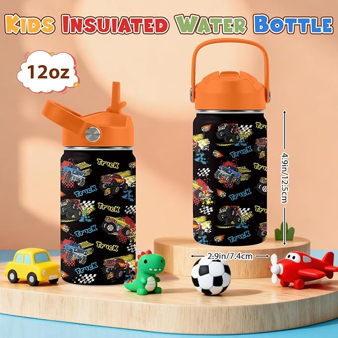 Truck Gifts for Kids - 12oz Kids Water Bottle with Straw Lid, Monster Trucks Water Bottle Insulated, Leak Proof, BPA-Free, Car Tumbler, School, Travel - Truck Lovers Children Birthday Gift Cup(1pc)