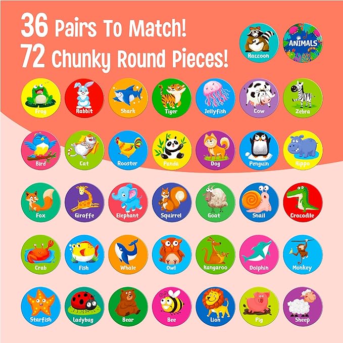 SpriteGru Memory Matching Game, 72 PCS Animal Matching Cards for Toddlers 36 Pairs Memory Cards for Preschool 4 5 6 Years Old