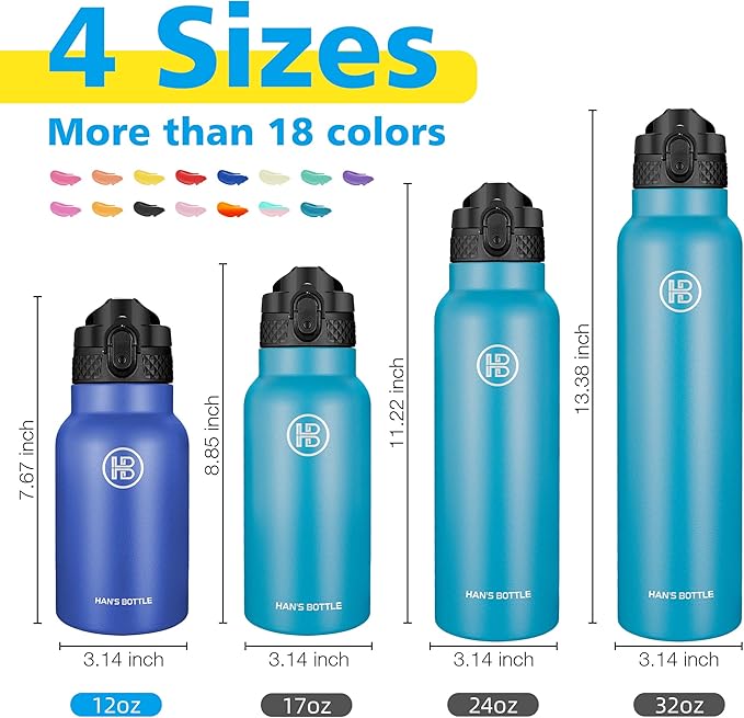 Han's Bottle Kids Water Bottle with Straw Lid - Insulated Stainless Steel Reusable Tumbler for Girls,Boys,Thermo Mug,12oz,Navy Blue