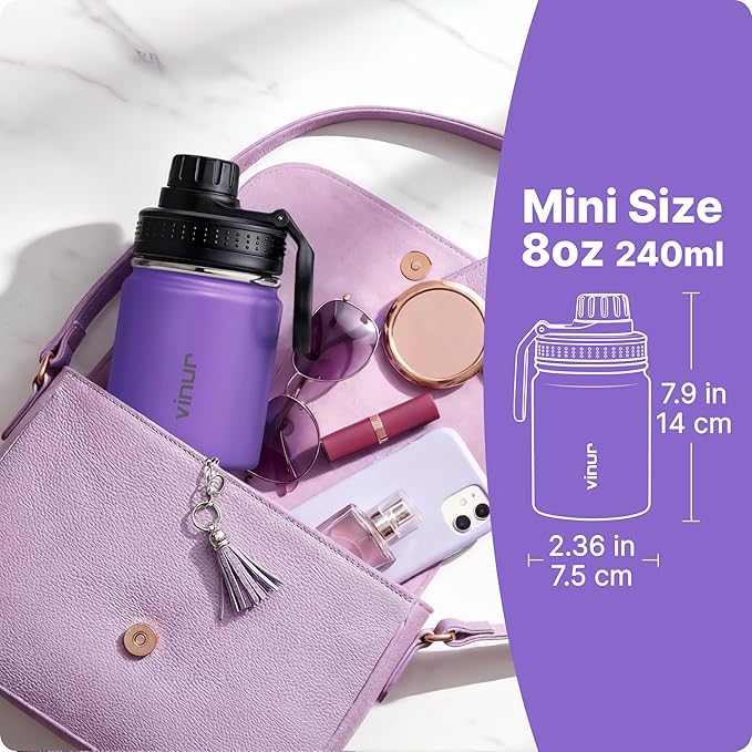 Vinur Mini Water Bottle 8 oz-Stainless Steel Insulated Small Water Bottle for Purse &Handbag-Reusable Metal Leak Proof Flask for Travel, Purple