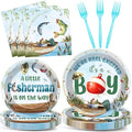 96Pcs A Little Fisherman Is On The Way Plates and Napkins Baby Shower Party Decorations Gone Fishing Dessert Disposable Plates It's A Boy Tableware Set for 24 Guests Baby Boy Birthday Party Supplies