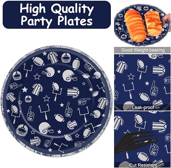 100 PCS Football Party Plates and Napkins Supplies Kit Cowboy Navy Blue Football Rugby Tableware Kit Disposable Paper Dinner Dessert Plates Decors Favors for Sports Game Celebration Serve 25