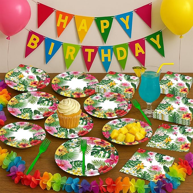 100 Pcs Tropical Luau Party Supplies Set, Serves 25 – Disposable Hibiscus Floral Paper Plates, Napkins, and Forks, Hawaiian Themed Tableware for Summer BBQ, Pool and Beach Aloha Birthday Decorations
