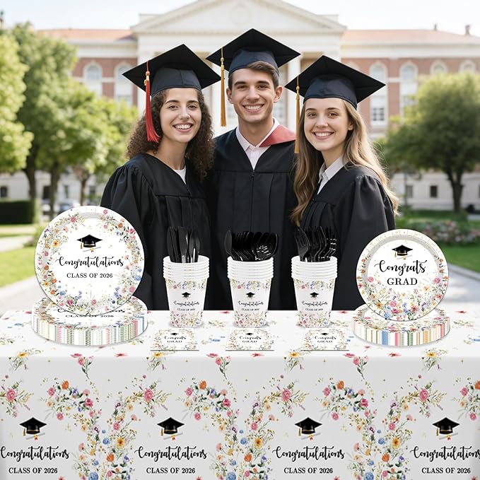 MEHOFOND 169pcs Wildflower Graduation Disposable Plates Napkins Cups Tablecloth Set Floral Congrats Grad Disposable Tableware Set for 24 for Class of 2026 Graduation Decorations