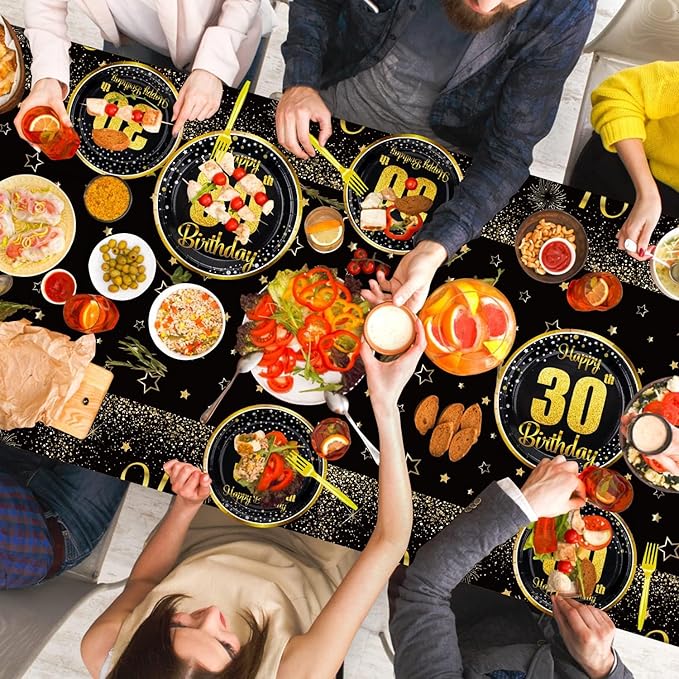 30th Birthday Decorations for Women and Men - 81 Pcs Plates Napkins 30th Tablecloth Forks Set Black and Gold Party Decorations Serve 20