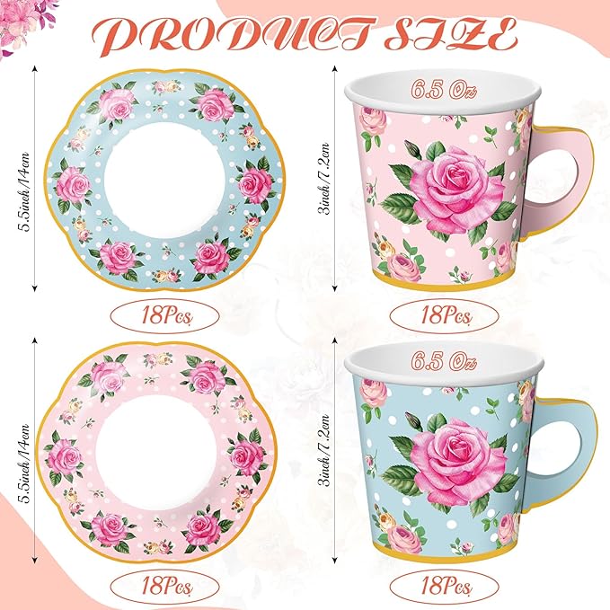 Umigy 36 Sets Mother's Day Tea Party Decorations 6.5 oz Floral Paper Teacups & Saucer Set for Girls Women Tea Parties Mothers Day Bridal Shower Wedding Birthday Party Decorations(Blue Pink)