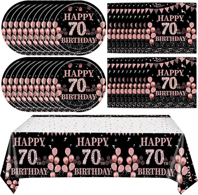 41Pcs Rose Gold 70th Birthday Decorations for Women,Vintage 1956 Aged 70th Birthday Tableware Decorations Includes Happy 70th Birthday Plates,Napkins and Tablecloth for 70 Years Old Birthday Supplies