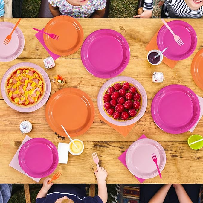Grencian Pink and Orange Party Decorations Supplies 96Pcs Solid Color Paper Plates and Napkins Neon Disposable Hot Pink Orange Tableware for Sunset Birthday Party Graduation Decorations 2026 Serve 24