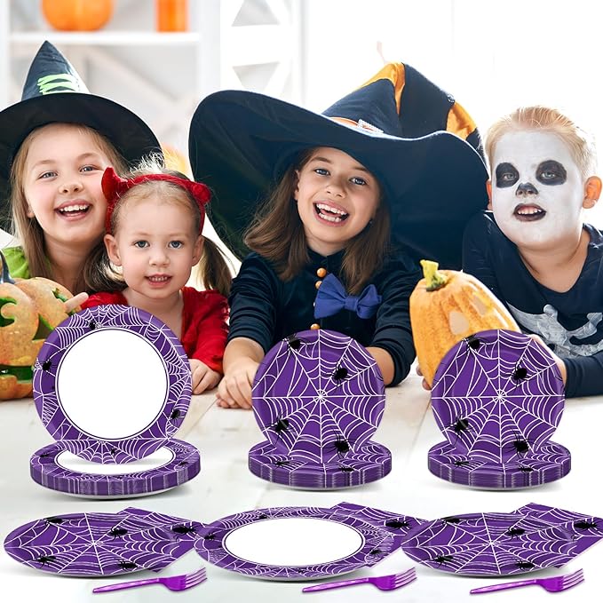 Qyeahkj 100 Pcs Halloween Birthday Party Supplies Paper Plates and Napkins Set Disposable Spider Web Tableware Decorations for Halloween Theme Baby Shower Serves 25