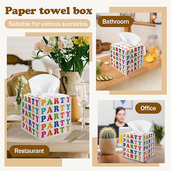 Colorful Party Tissue Box Cover – PU Leather Square Party Decor with Belt Bottom, Ideal Table Centerpiece & Party Favor for Birthday, Bridal Shower & Celebrations Decorations