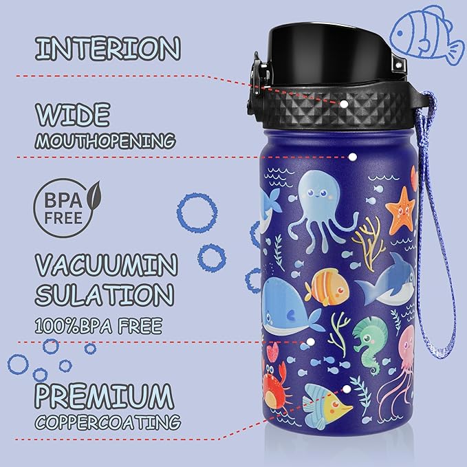 GOPPUS Kids Water Bottle (Straw Lid) - 14 Oz Stainless Steel Travel Bottle, Double Wall Vacuum Leak Proof Kids Cup for School Boys Girls,Under the Sea