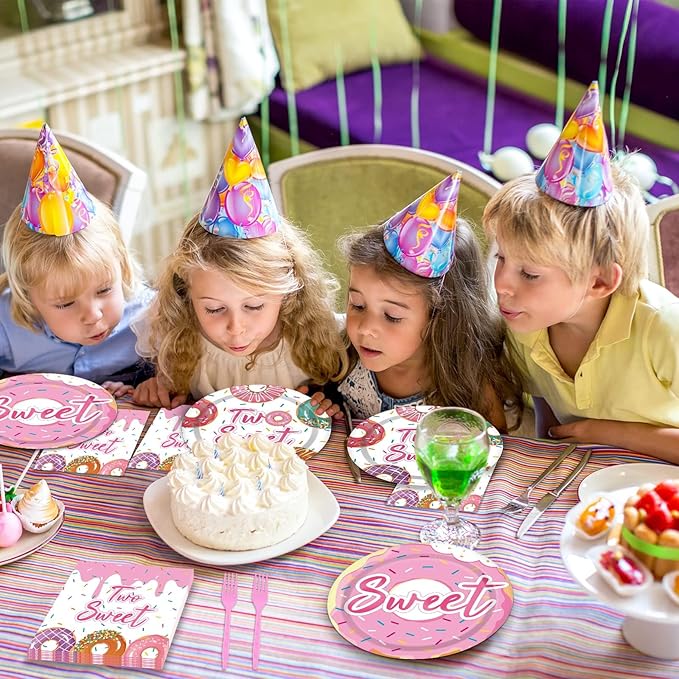 ZOIIWA 96 Pcs Two Sweet Donut Birthday Party Supplies Girls Donut Themed Tableware Table Decor Baby Girl 2nd Birthday Paper Plates Napkins Disposable Dinnerware Party Favor for Baby Shower 24 Guests