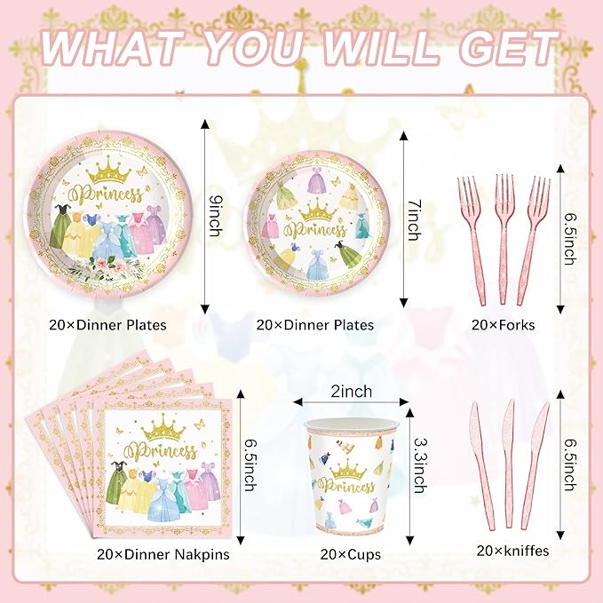 120PCS Princess Birthday Party Supplies Princess Themed Birthday Party Decorations for Baby Girls Babyshower Sweet Fairytale Tableware Set Dessert Plates Napkins Cups Set for 20 Guests