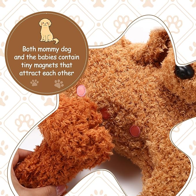 Honoson Nurturing Dog Mommy Plush Set with 4 Baby Puppies Soft Cute Dog Themed Stuffed Plush Toys for Kids Girls Boys Easter Birthday Gifts(Curly)