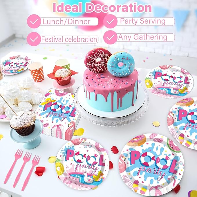 Qyeahkj 100 Pcs Swimming Pool Party Plates and Napkins Set Summer Pool Party Decorations Supplies Pool Disposable Paper Tableware Dinnerware Party Favors Birthday Shower Serves 25