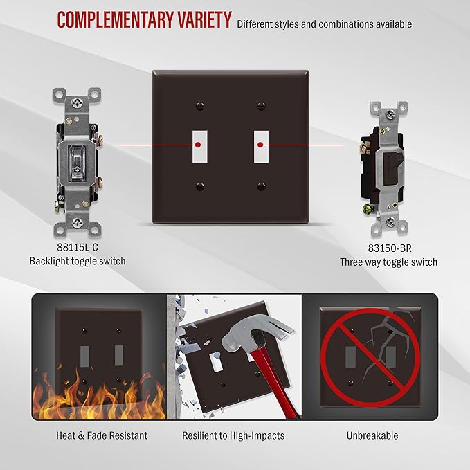 ENERLITES Double Toggle Switch Cover, Two Gang Light Switch Wall Plate, Standard Size 2-Gang 4.5" x 4.5", Unbreakable Polycarbonate Thermoplastic, UL Listed, 8812-BR, Brown