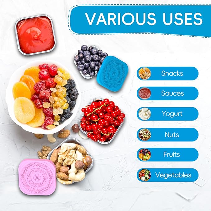 8Pack 6oz Stainless Steel Snack Containers for Kids, Leak Proof Small Food Storage Container with Silicone Lid, Easy Open Leak Proof Stainless Steel Food Storage Containers with Silicone Lids