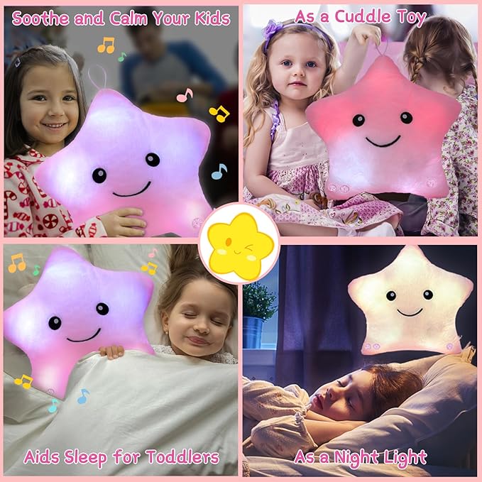 Subao Sensory Toys for Kids,14" Toddler Pillow With Light & Music,Twinkle Plush Star Night Light Cushion Autism Sensory Toys for Toddlers Age 3 4 5 6 7 8 9 10,Birthday Xmas Easter Gifts for Girls Pink