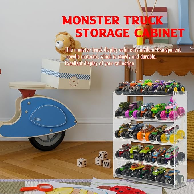 AAiphuwew Acrylic Monster Trucks Display Case - Holds Up to 25 Car Collectibles, Clear 5 Tiers Toy Truck Cars Display Storage Organizer Tire Shelf