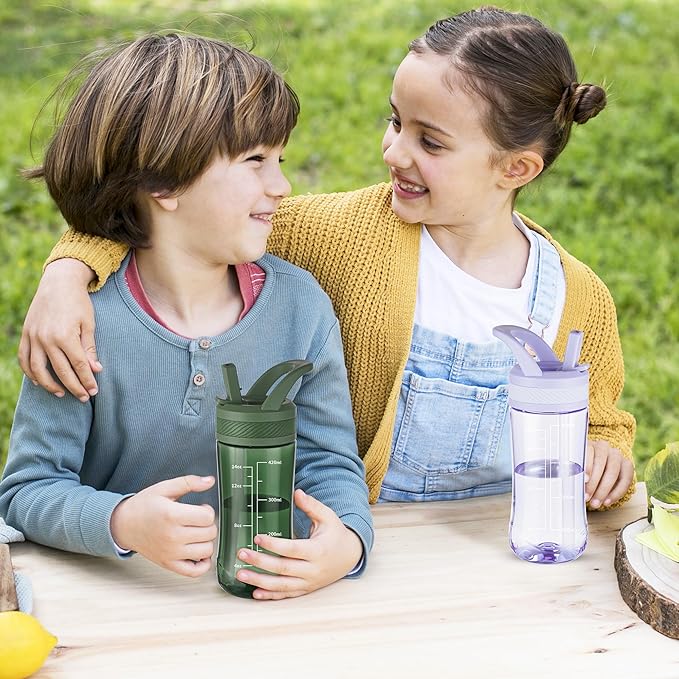 Kids Water Bottle, Dustproof Leakproof Cover, BPA Free Tritan Water Bottle Kids With Volume Markings Drinking 14oz Clear Water Bottle Unique Cat Paw Print Bottom Toddlers,School ,Outdoor（ Army Green）