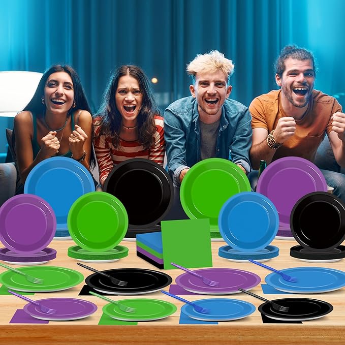 96Pcs Night Video Game Party Supplies Nite Gamer Paper Plates and Napkins Birthday Decorations Level Up Disposable Tableware Set for Kids Video Game Birthday Baby Shower Party Decorations Serves 24