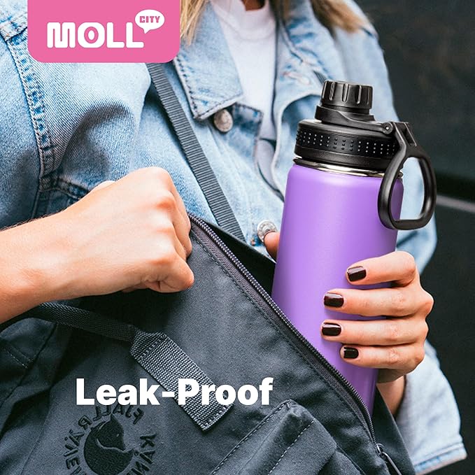 Water Bottle with Spout Lid-18 oz Stainless Steel Insulated Wide Mouth Sports Water Bottle for Kids-Reusable Leak Proof Travel Flask with Silicone Boot, BPA-Free(Purple)