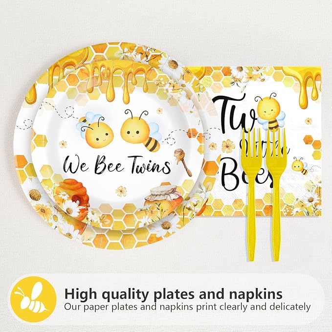 96Pcs Two Little Bees Party Supplies Bumble Bee Twins Theme Plates and Napkins Tableware Sets We Bee Twins Party Decorations for Bees Twins Baby Shower 2nd Birthday Decorations Serves 24