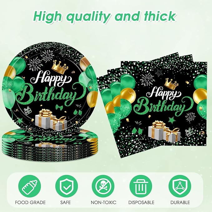 Green Birthday Decorations for Men Boys,Green and Black Party Tableware Set Include Birthday Plates Napkins and Tablecloth,for Mens Boy Bday Party Decorations Supplies,Serves 20