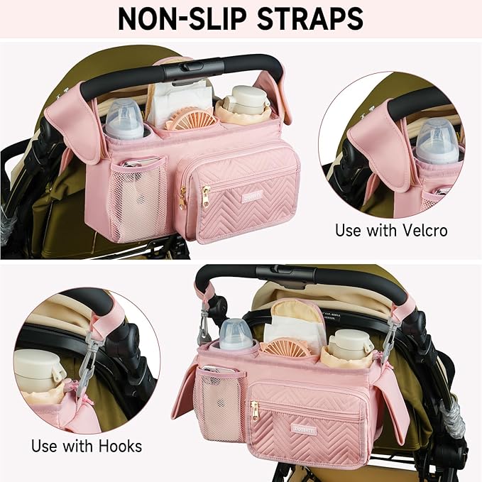Universal Stroller Organizer with Insulated Cup Holders,Large Capacity Non-Slip Stroller Caddy Bag Fits for Uppababy/Doona/Jogger/Britax/Mompush/BoB with Anti-Sag Hard Bottom and Wet Wipes Pocket