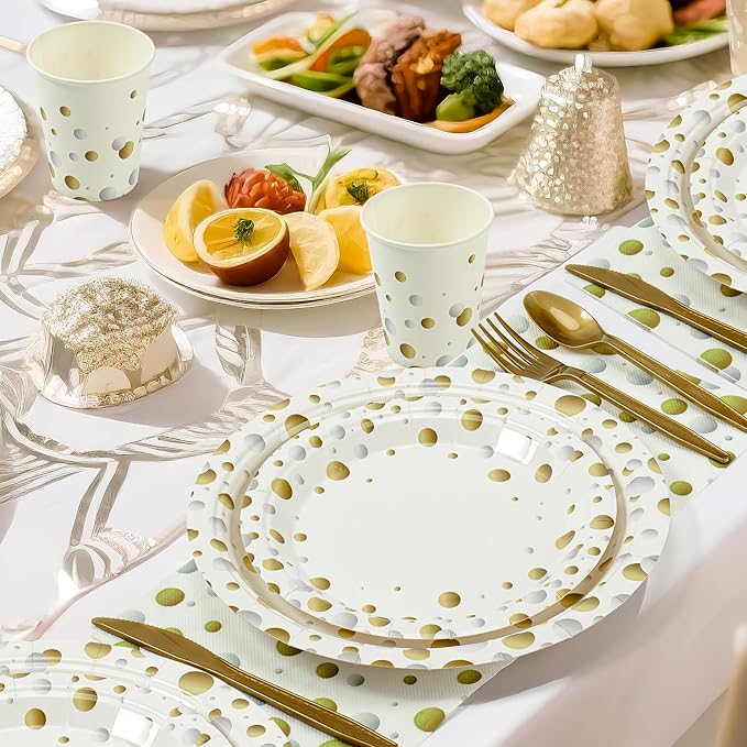 White and Gold Dots Plates Set for 24 Guests,168PCS Disposable Dinnerware Party Supplies,Paper Plates Napkins Cups Gold Forks Knives Spoons for Birthday Baby Shower Graduation Retirement Anniversary