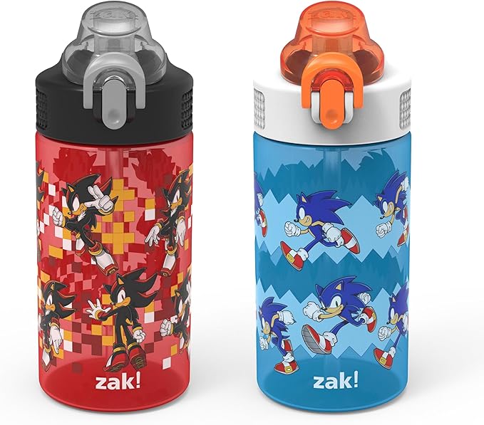 Zak Designs Sonic the Hedgehog Sage Kids Water Bottle For School or Travel, 16oz Durable Plastic Water Bottle With Straw, Handle, and Leak-Proof, Pop-Up Spout Cover, 2-Pack Set (Sonic & Shadow)