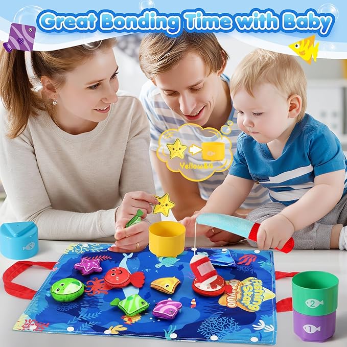 Montessori Toys for 1 Year Old Boy Girl Birthday Gift, 17 in 1 Cloth Fishing Game with Stacking Cups, Color Sorting, Shape Matching, Early Learning, Toddler Toys Gifts for 1 2 Years Old Boy Girl