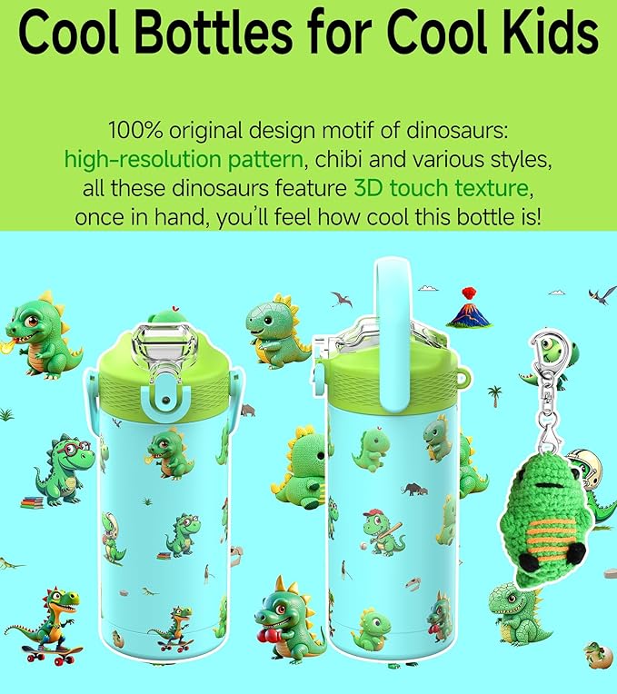 MYFOREST 14oz/400ml Insulated Kids Water Bottle, Odor-Free Surgical Grade Liner, Dishwasher-Safe, Name Spot, Soft Sipper, Gift for Dino Fan (Blue. Dinosaurs)