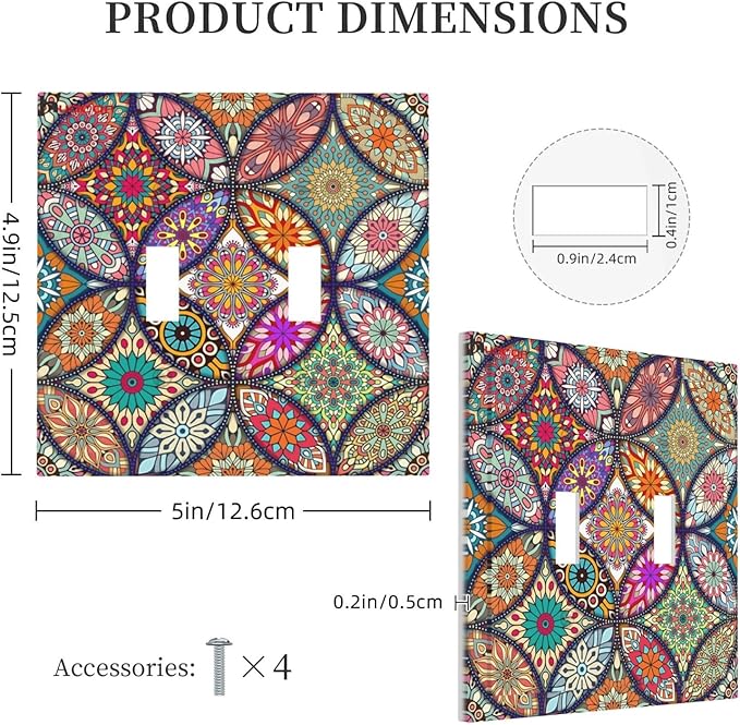 Boho Floral Pretty Colorful Mandala Flowers Decorative Switch Plates 2 Gang Double Toggle Outlet Light Switch Cover Wall Plate Electrical Faceplate for Bedroom Living Room Decor