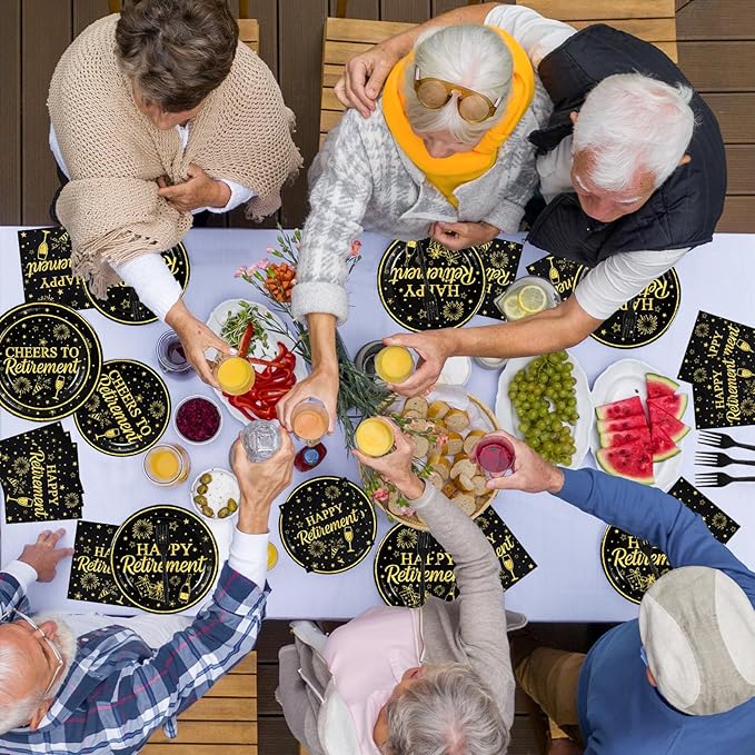 100 Pcs Happy Retirement Tableware Party Supplies Set, Serves 25 – Disposable Black and Gold Paper Plates, Napkins, and Forks, Cheers to Retirement Dinnerware Party Decorations