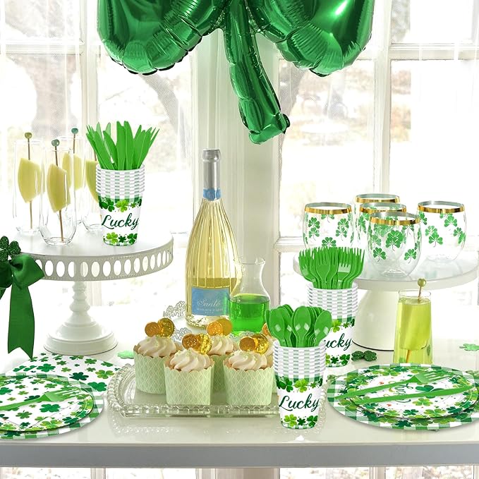 175 Pcs St. Patrick's Day Tableware Set - Serves 25, Green Lucky Shamrock and Plaid Disposable Plates, Cups, Napkins, Forks, Spoons, Knives for St. Paddy's Day, Irish-Themed Birthday Party Supplies