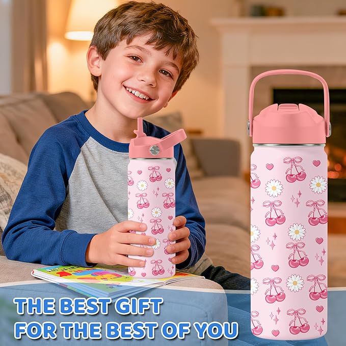 Cherry Gifts for Girls - 18oz Pink Water Bottle with Straw Lid, Stainless Steel Insulated Tumbler, Leakproof, BPA-Free, for Women, Travel - Cherry Lovers Birthday Gift Cup (1pc)
