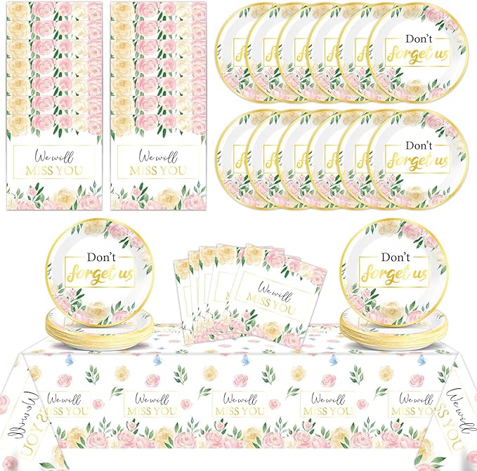 Floral Farewell Party Supplies Serves 24 We Will Miss You Paper Plates Napkins Retirement Decor Don't Forget Us Theme Tablecloth Set Tableware Kit for Goodbye Office Good Luck Going Away Party Favor