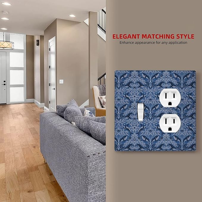Blue Modern Nautical Art Whale Fish Ocean Damascus Wallplates 1 Toggle 1 Duplex Switch Plate Electrical GFCI Faceplate Decorative Light Switch Covers for Bedroom Living Room Decor