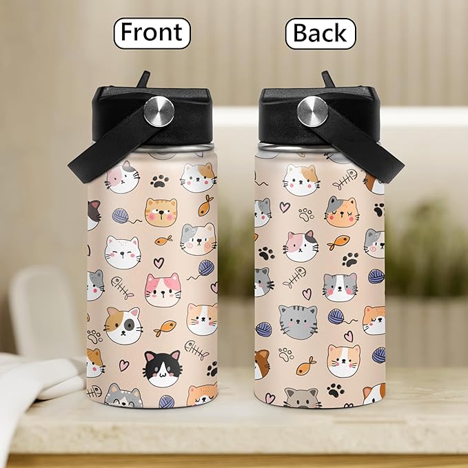 SANDJEST Kids Water Bottle Cat Water Bottles 12oz with Straw Insulated Stainless Steel Travel School Tumbler Double Wall Vacuum Cup for Girls Kid Boys