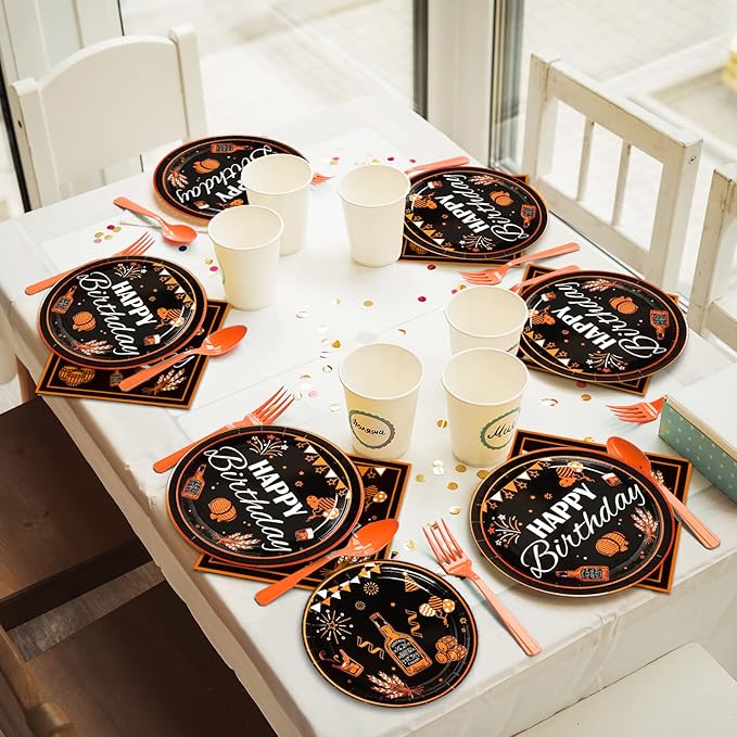 96 Pcs Black & Gold Cheer Theme Birthday Plates & Napkins - Party Supplies for 24 Guests