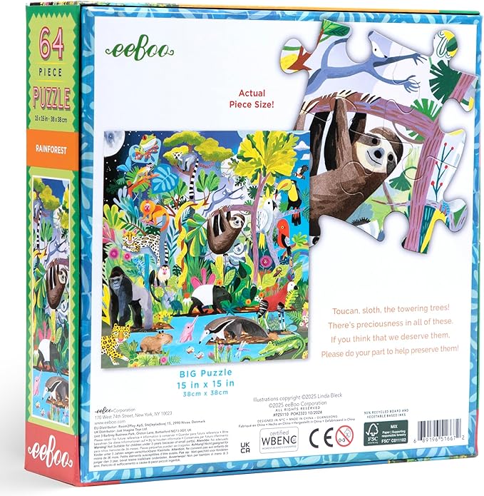 eeBoo: Rainforest - 64 Piece Puzzle - 15" x 15" Jigsaw, Vibrant Animal & Nature Scene, Informational Poster, Big Sturdy Dustless Pieces, Kids Ages 5+