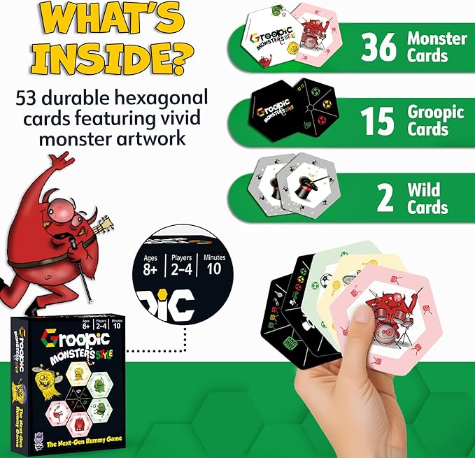 Groopic Monster's Style – Award-Winning and Fun Twist on The Beloved Rummy Game. Board Games for Kids 8-12 & Families, Innovative Rummy Card Game Set. Monster Games for Kids, Ages 8+, Players 2-4