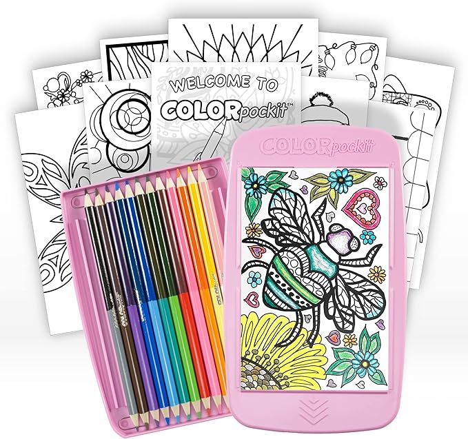 Colorpockit Coloring Kit Travel Art Set with Colored Pencils, 4x6 Coloring Cards, Built in Sharpener, Mess Free Trip Activities for Airplanes or Car, 8.5 x 5, 28 pieces